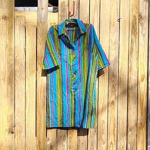 Vintage American Serbin Of Florida Striped Button-Front Midi Dress Blue